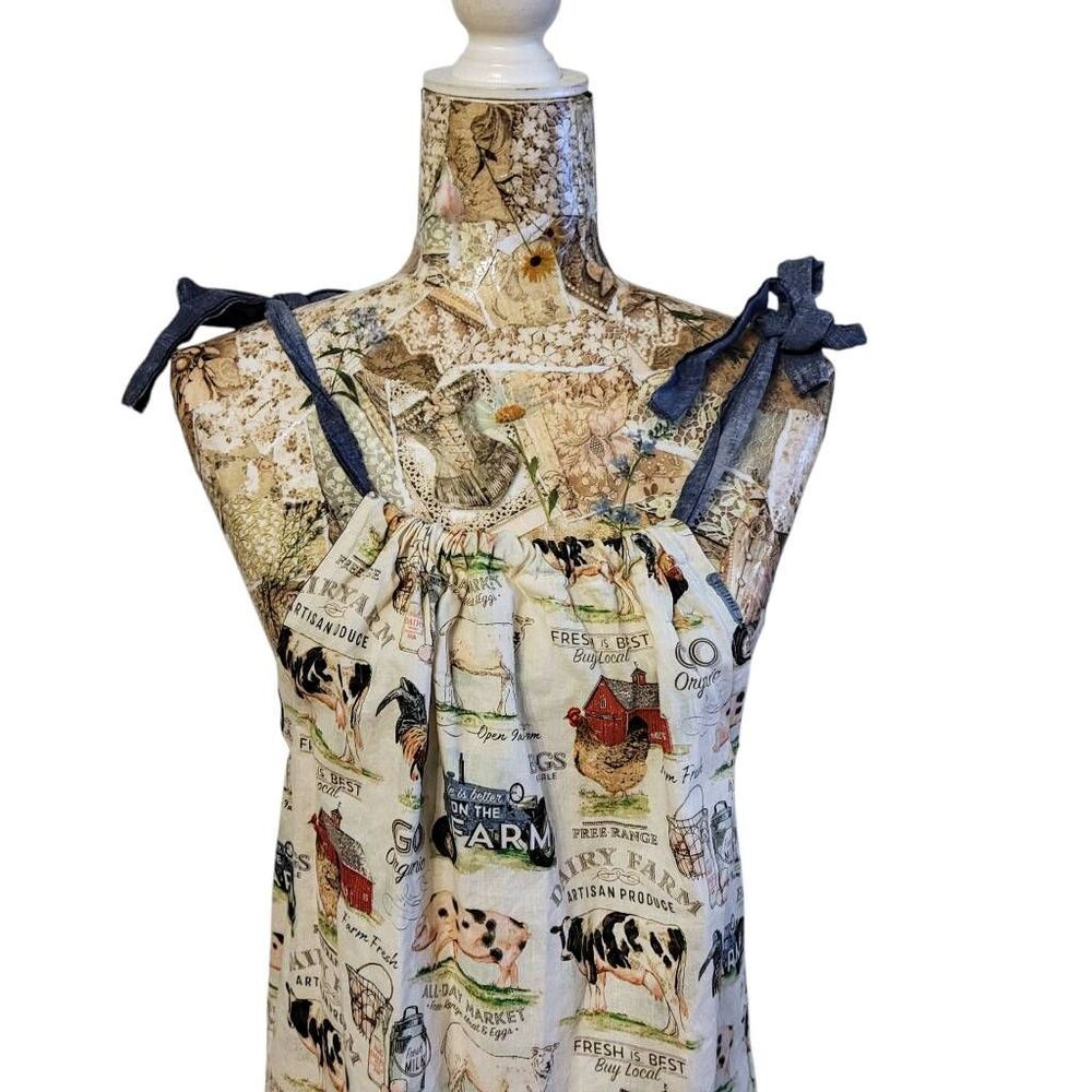 Dress Handmade Country Farm Animal Print  Denim Ruffle Hem & Shoulder Sundress - Picture 5 of 8